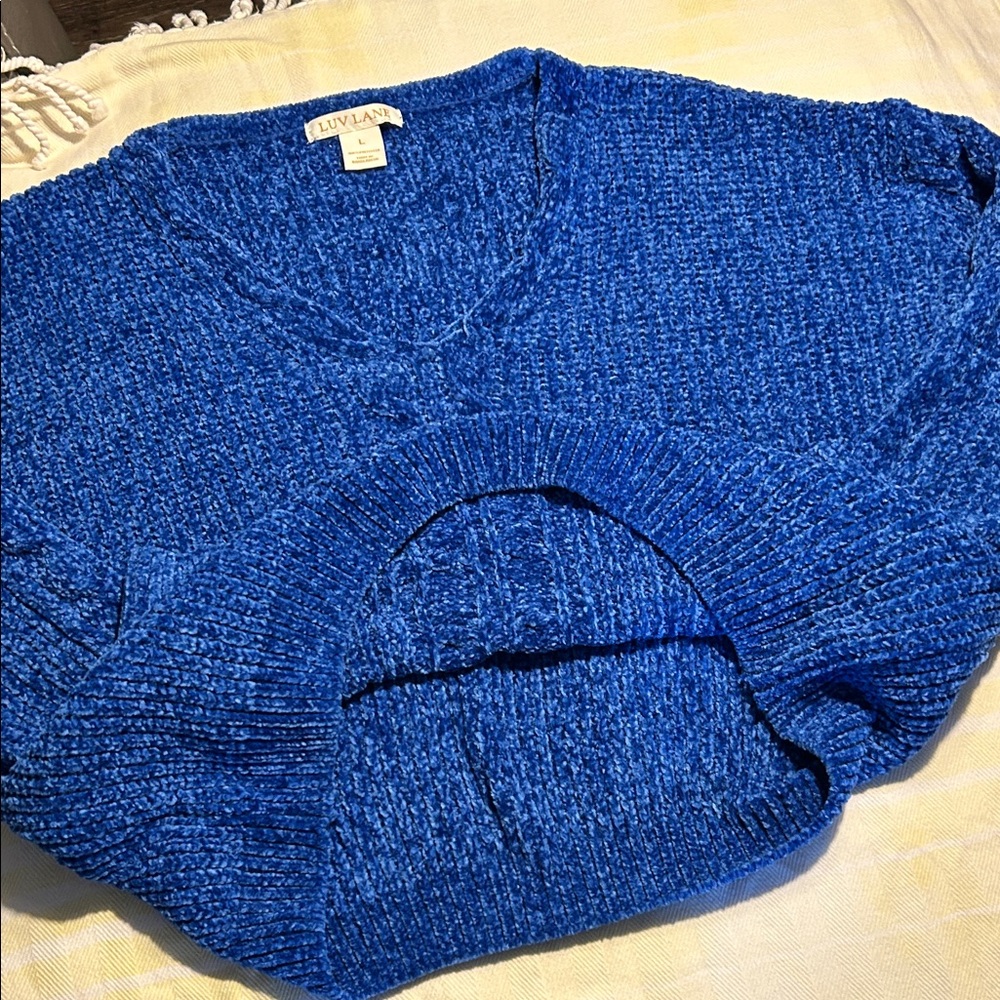 Luv Lane Women's Blue V-Neck Knit Sweater size L - Picture 4 of 5